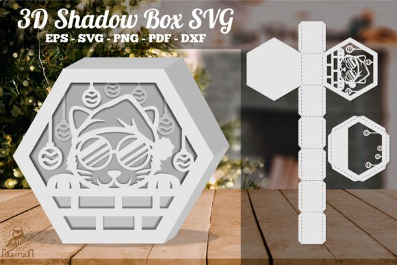 Christmas Cat Style 3D Shadow Box Paper Cut Template(Hexagon)