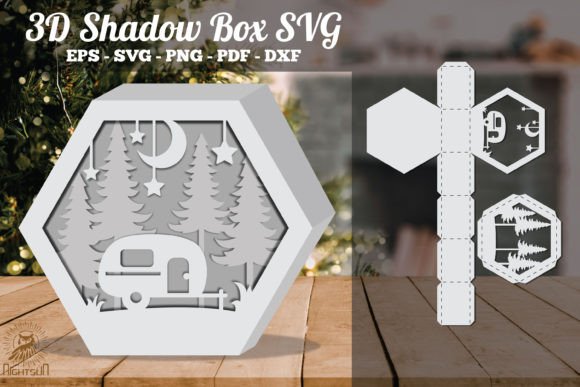 Camper in Forest Style 3D Shadow Box Paper Cut Template(Hexagon)