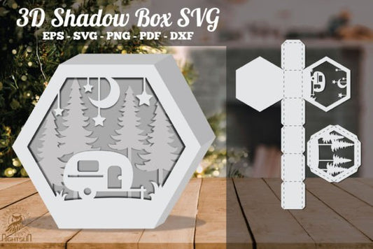Camper in Forest Style 3D Shadow Box Paper Cut Template(Hexagon)