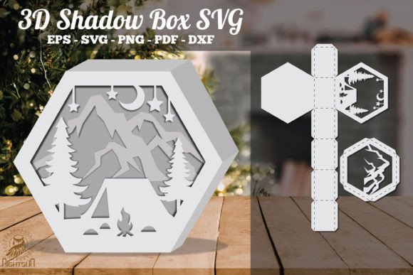 Camper in Forest Style 3D Shadow Box Paper Cut Template(Hexagon)
