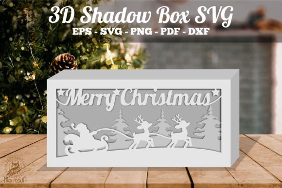 Christmas Night Scene 3D Shadow Box Paper Cut Template(Rectangle)