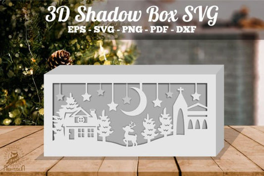 Christmas Night Scene 3D Shadow Box Paper Cut Template(Rectangle)