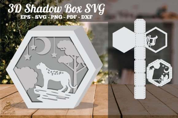 Leopard in Forest 3D Shadow Box Paper Cut Template(Hexagon)