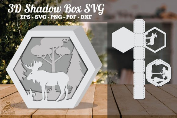 Moose in Forest 3D Shadow Box Paper Cut Template(Hexagon)