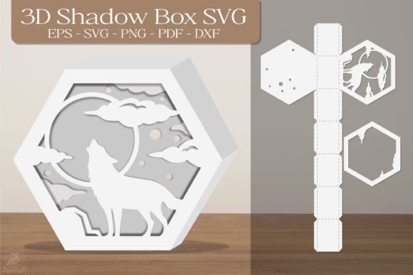 Night Wolf 3D Shadow Box Paper Cut Template(Hexagon)