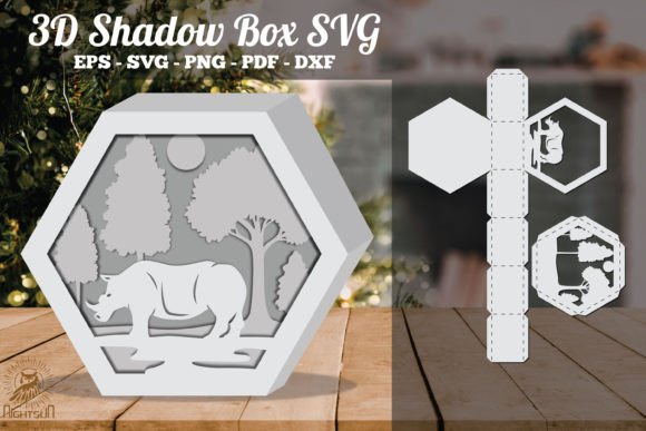 Rhino in Forest 3D Shadow Box Paper Cut Template(Hexagon)