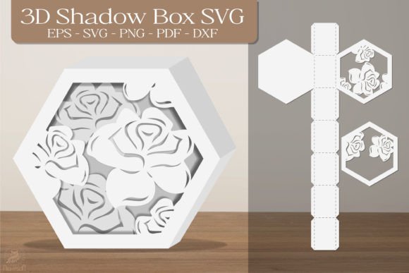 Rose Flower-2 3D Shadow Box Paper Cut Template(Hexagon)