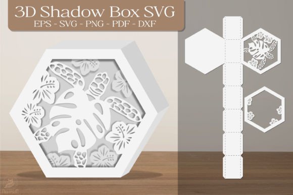 Sea Turtle and Flowers 3D Shadow Box Paper Cut Template(Hexagon)