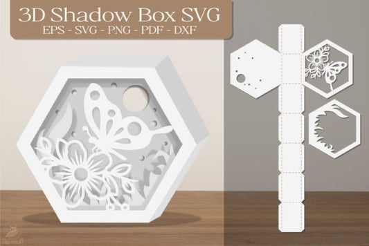 Butterfly Style 3D Shadow Box Paper Cut Template（Hexagon）