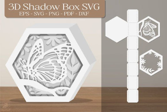 Butterfly Style 3D Shadow Box Paper Cut Template（Hexagon）