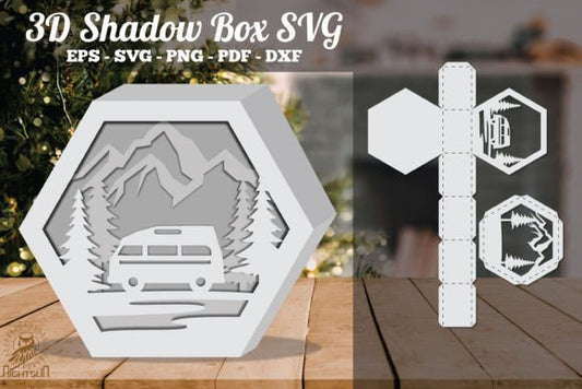 Camper in Forest Style 3D Shadow Box Paper Cut Template（Hexagon）