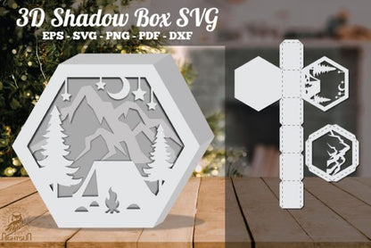 Camper in Forest Style 3D Shadow Box Paper Cut Template（Hexagon）