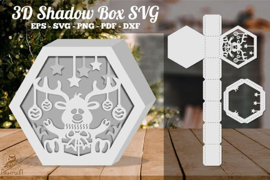 Christmas Deer Style 3D Shadow Box Paper Cut Template（Hexagon）