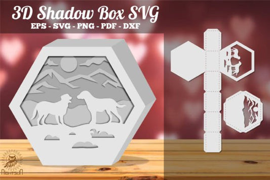 Couple Dog 3D Shadow Box Paper Cut Template（Hexagon）