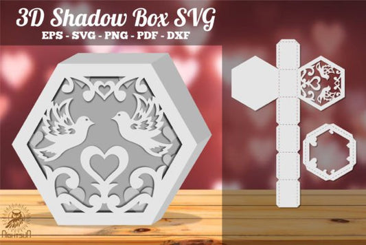 Couple Dove 3D Shadow Box Paper Cut Template（Hexagon）