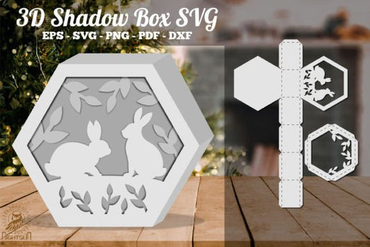 Couple Rabbit 3D Shadow Box Paper Cut Template（Hexagon）