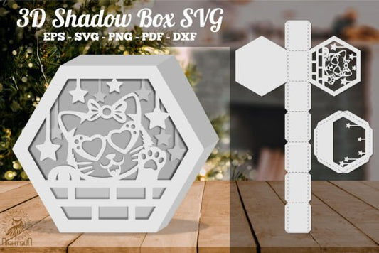 Cute Cat 3D Shadow Box Paper Cut Template（Hexagon）