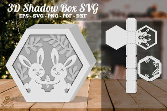 Cute Rabbit 3D Shadow Box Paper Cut Template（Hexagon）