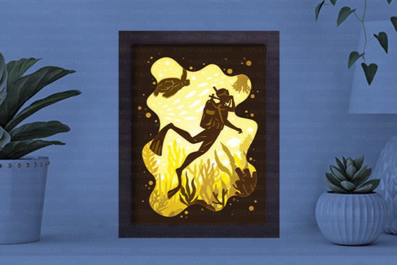 Diver Paper Cut Light Box Graphics Template