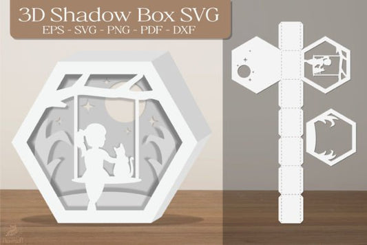 Girl and Cat 3D Shadow Box Paper Cut Template（Hexagon）