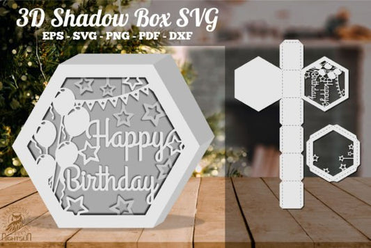 Happy Birthday 3D Shadow Box Paper Cut Template（Hexagon）