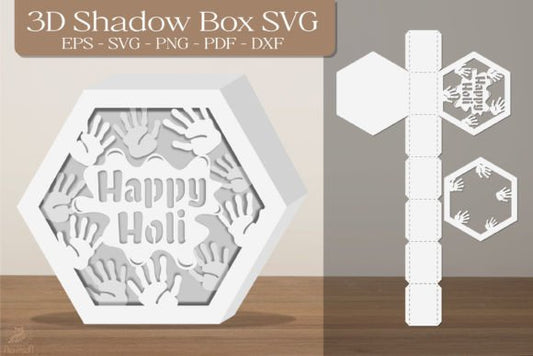 Happy Holi 3D Shadow Box Paper Cut Template（Hexagon）