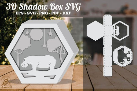Hippo in Forest 3D Shadow Box Paper Cut Template（Hexagon）