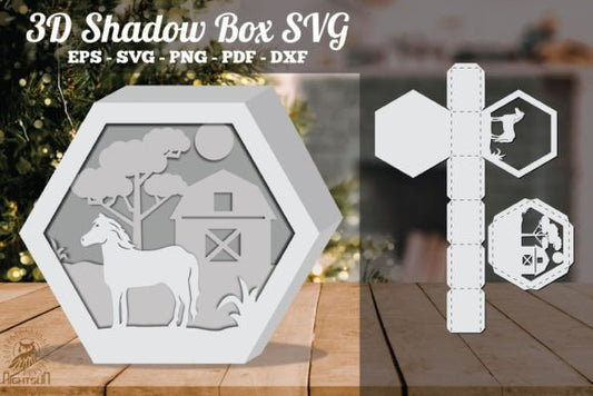 Horses On The Farm 3D Shadow Box Paper Cut Template（Hexagon）
