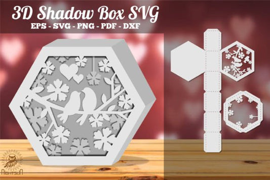 Loving Couple Bird 3D Shadow Box Paper Cut Template（Hexagon）