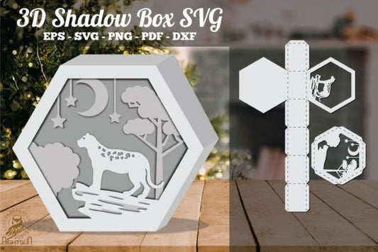 Leopard in Forest 3D Shadow Box Paper Cut Template（Hexagon）