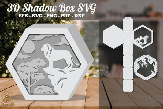 Lion in Forest 3D Shadow Box Paper Cut Template（Hexagon）