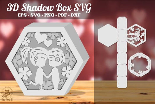 Loving Couple Hand by Hand 3D Shadow Box Paper Cut Template（Hexagon）