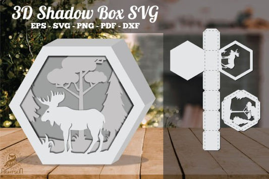 Moose in Forest 3D Shadow Box Paper Cut Template（Hexagon）