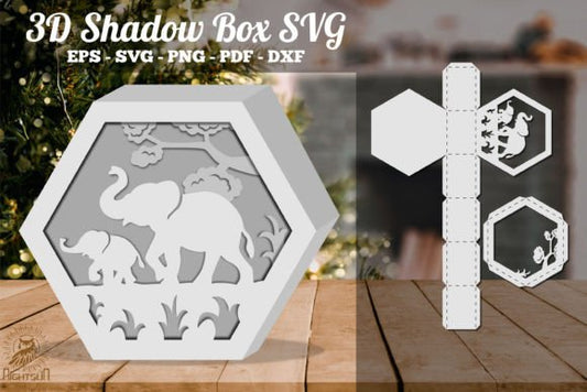 Mother and Child Elephant 3D Shadow Box Paper Cut Template（Hexagon）