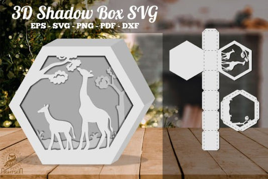 Mother and Child Giraffe 3D Shadow Box Paper Cut Template（Hexagon）