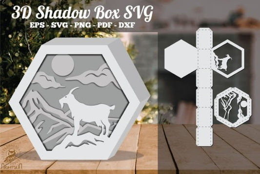 Mountain Goat 3D Shadow Box Paper Cut Template（Hexagon）
