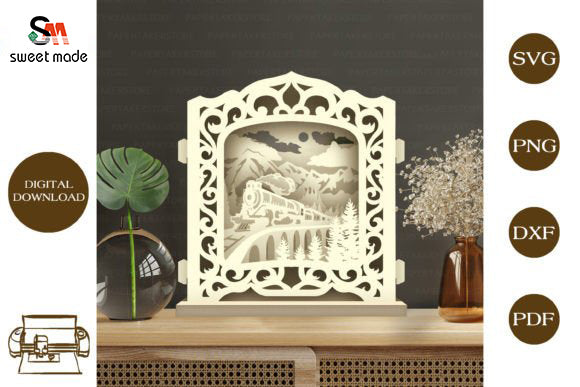 Old Train Pop Up Light Box File Paper Cut Template Cricut File