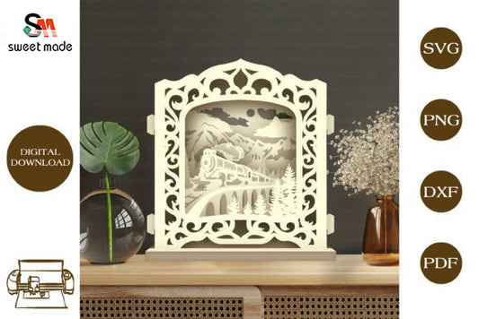 Old Train Pop Up Light Box File Paper Cut Template Cricut File