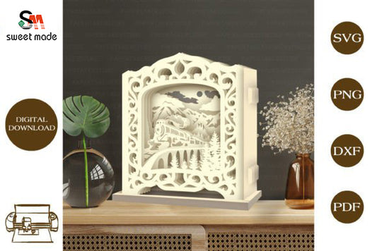 Old Train Pop Up Light Box File Paper Cut Template Cricut File