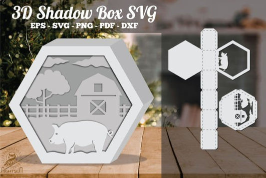Pigs on the Farm 3D Shadow Box Paper Cut Template（Hexagon）