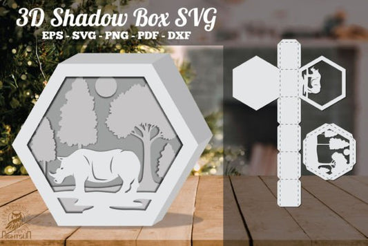 Rhino in Forest 3D Shadow Box Paper Cut Template（Hexagon）