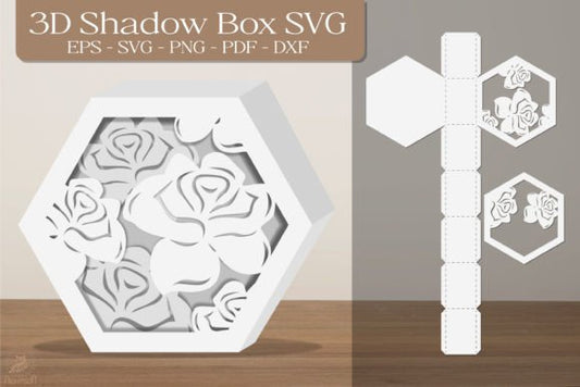Rose Flower-2 3D Shadow Box Paper Cut Template（Hexagon）
