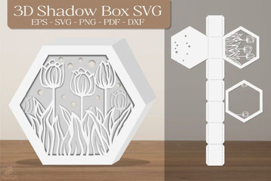 Tulip Flower 3D Shadow Box Paper Cut Template（Hexagon）
