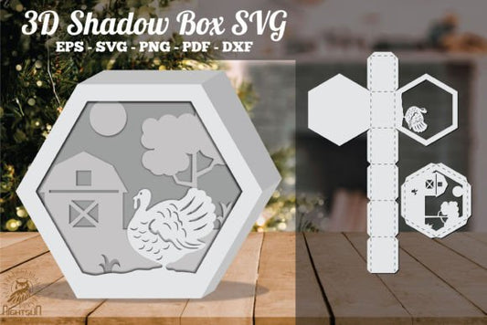 Turkeys on the Farm 3D Shadow Box Paper Cut Template（Hexagon）